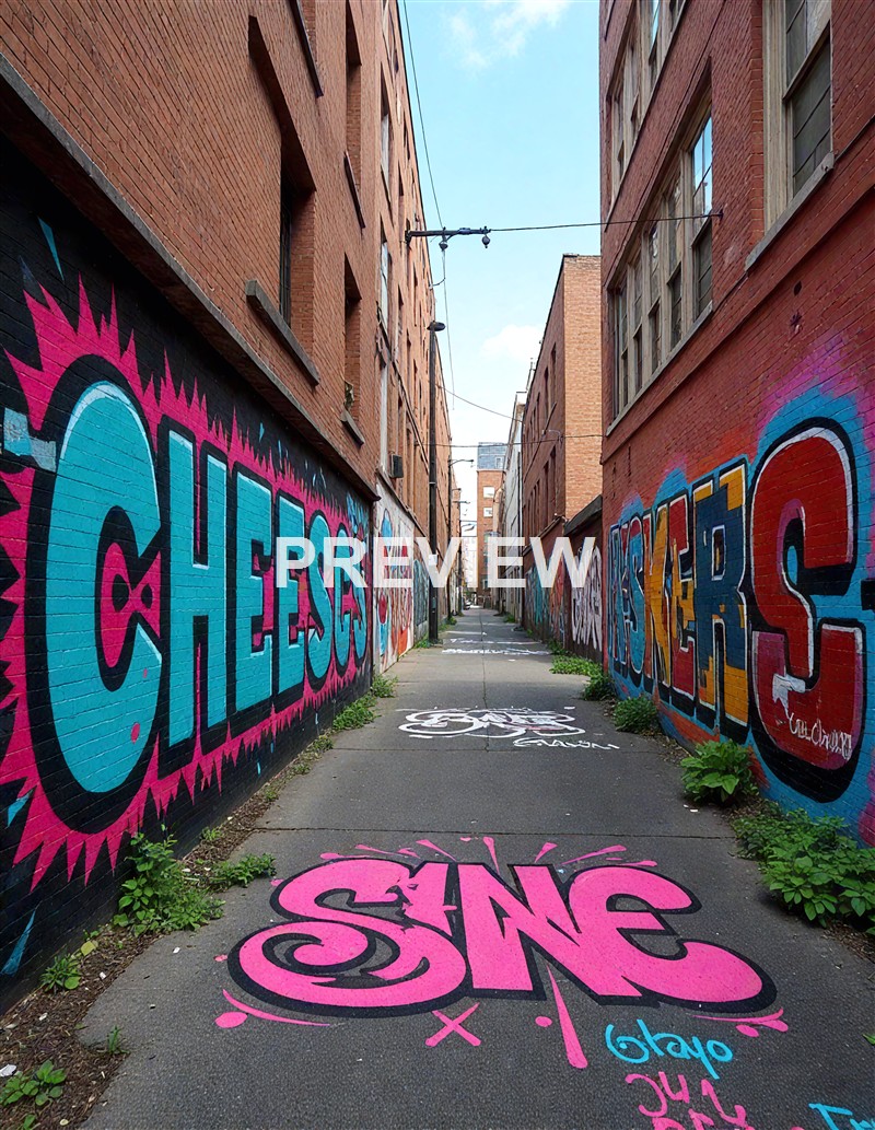 The image shows a narrow urban alleyway between two red brick buildings, with colorful graffiti art on the walls and street art on the pavement, including the words "CHEESY" and "SING," with some plants growing at the edges.